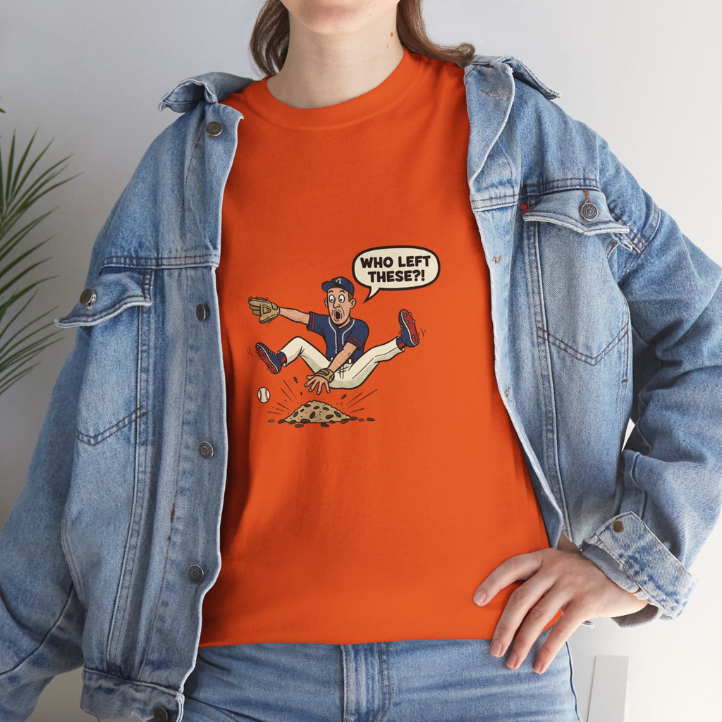 T-Shirt — Funny 'Who Left These?!' Mound of Seeds Cartoon Tee
