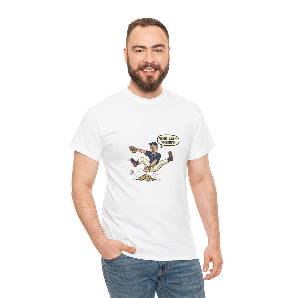 T-Shirt — Funny 'Who Left These?!' Mound of Seeds Cartoon Tee