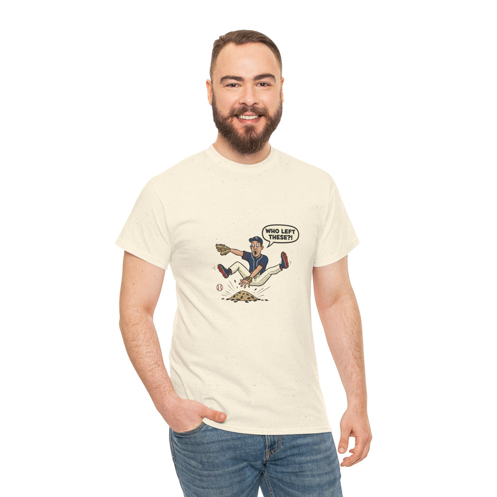 T-Shirt — Funny 'Who Left These?!' Mound of Seeds Cartoon Tee