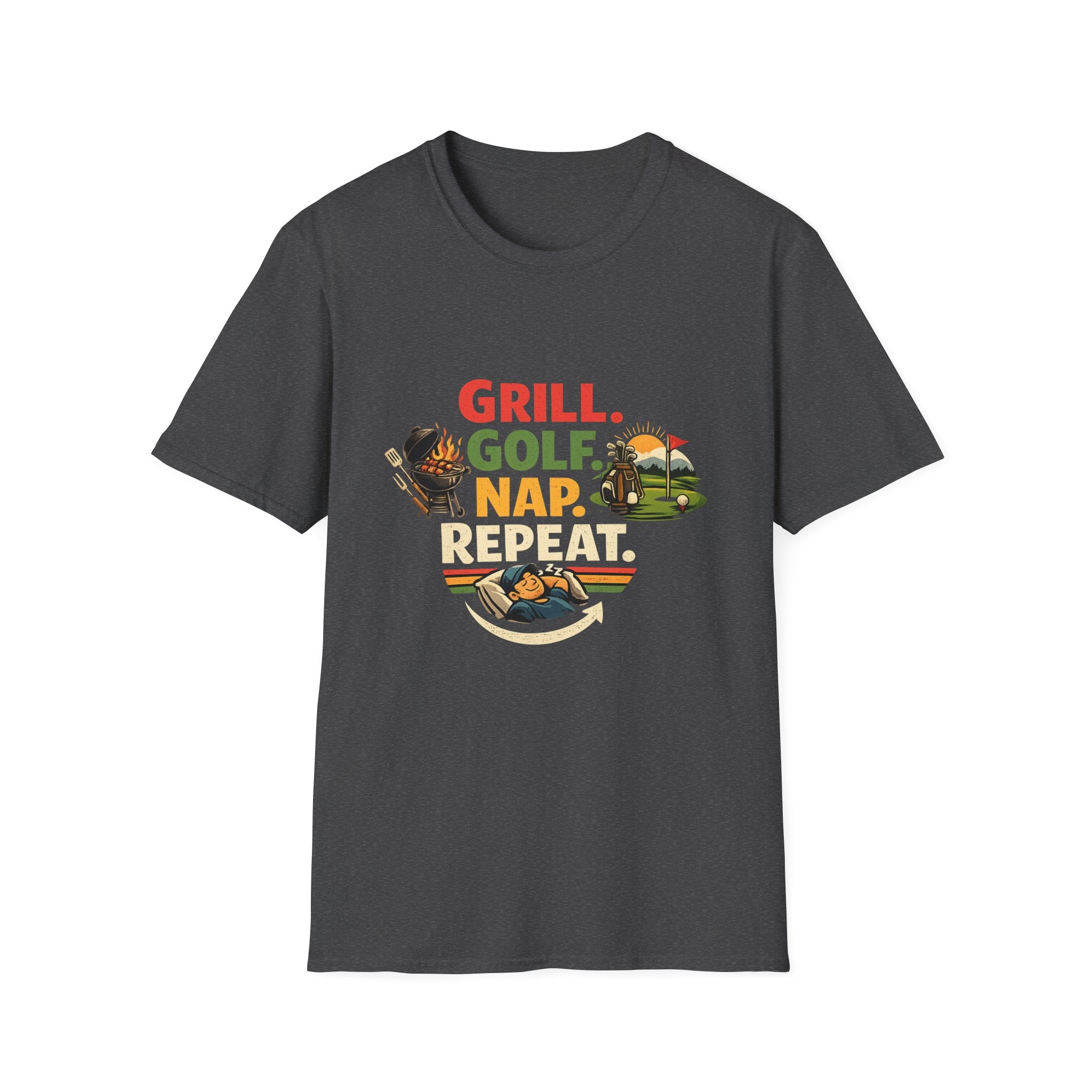 Grill Golf Nap Repeat T-Shirt — Funny Golfer BBQ Tee