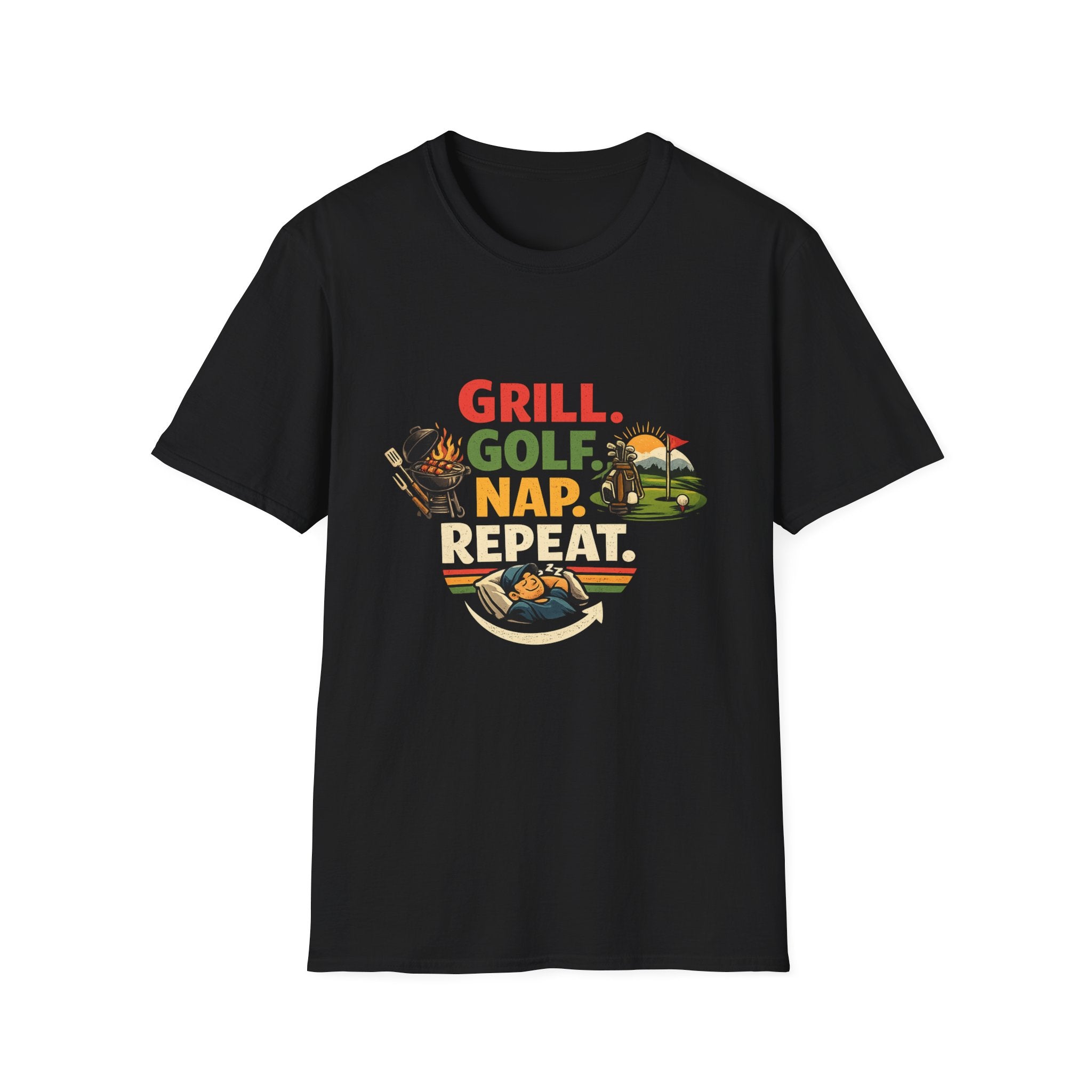 Grill Golf Nap Repeat T-Shirt — Funny Golfer BBQ Tee