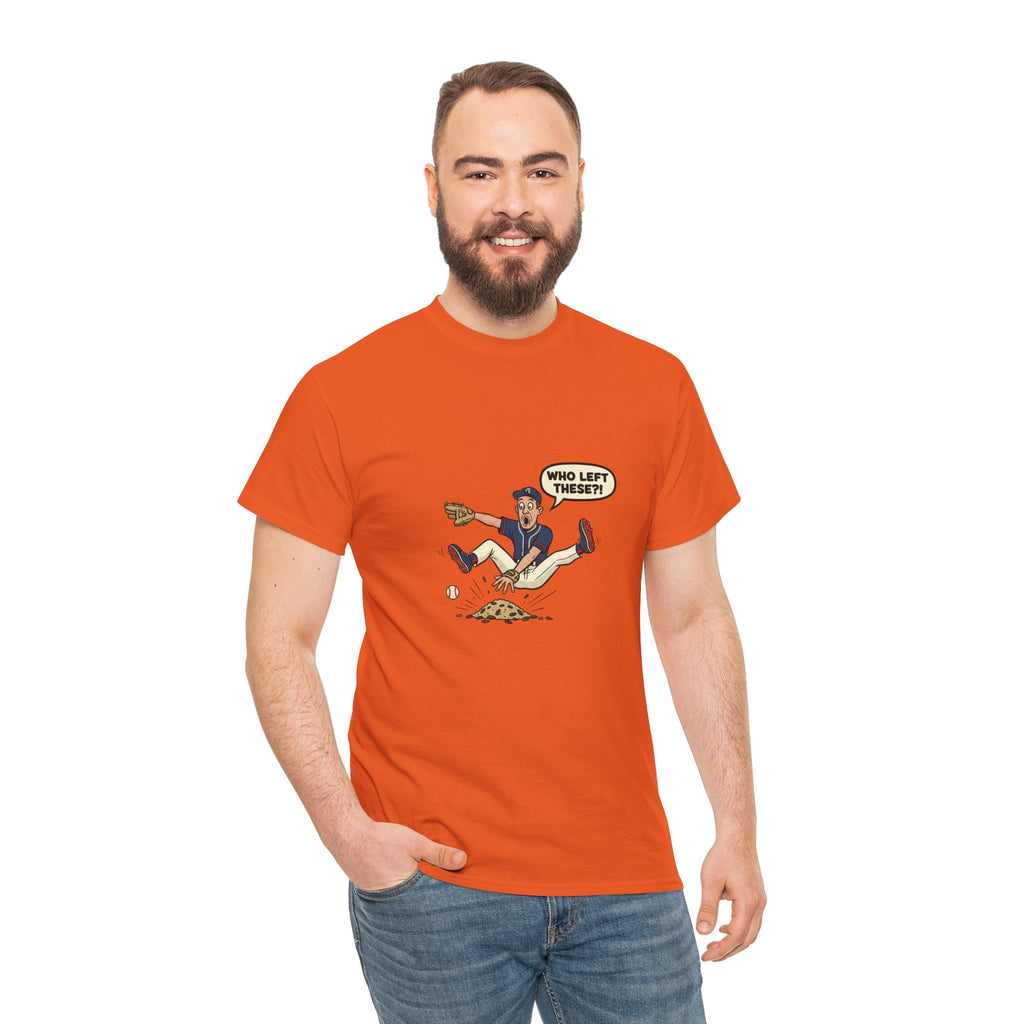 T-Shirt — Funny 'Who Left These?!' Mound of Seeds Cartoon Tee