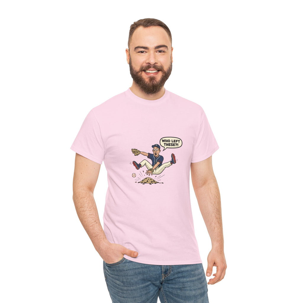 T-Shirt — Funny 'Who Left These?!' Mound of Seeds Cartoon Tee