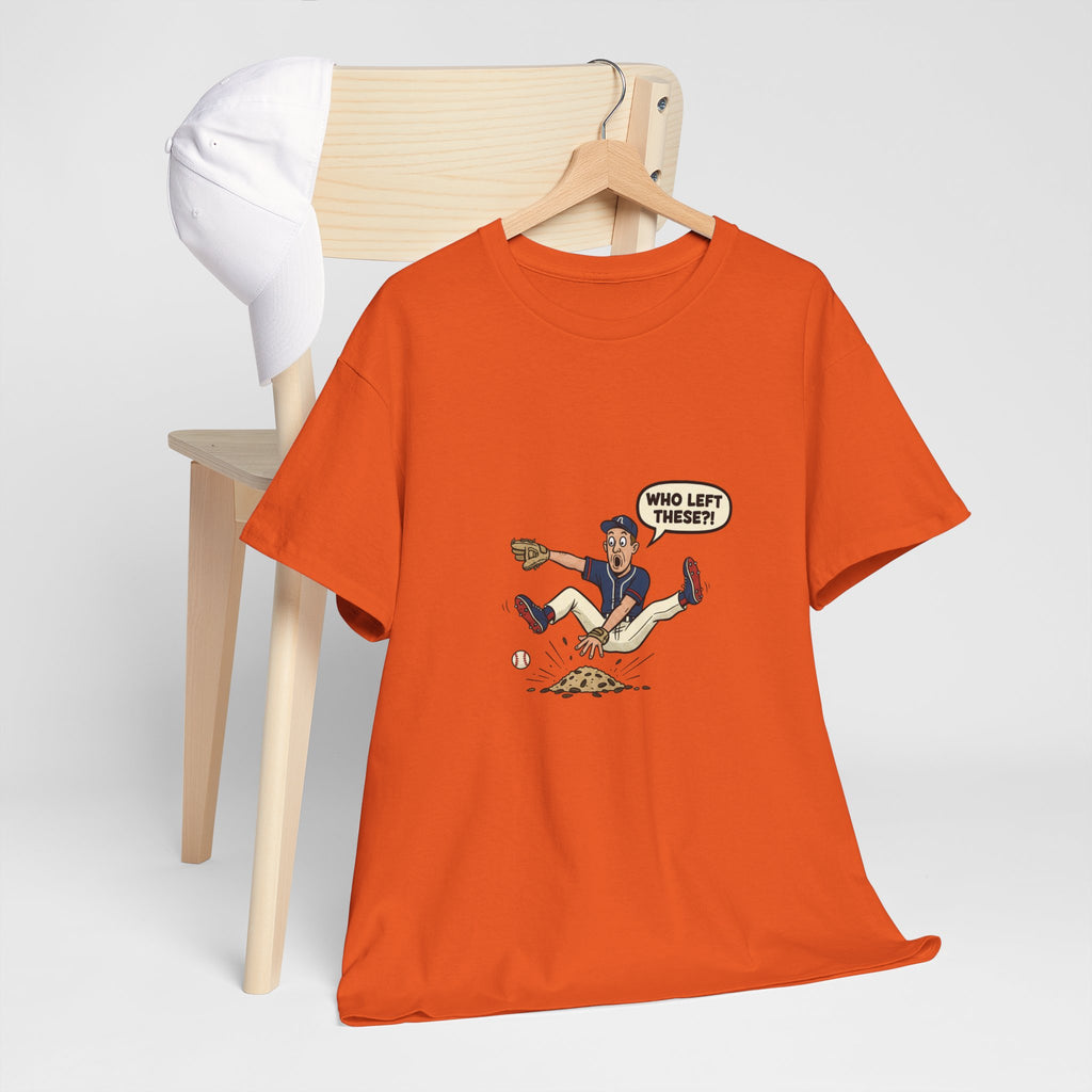 T-Shirt — Funny 'Who Left These?!' Mound of Seeds Cartoon Tee