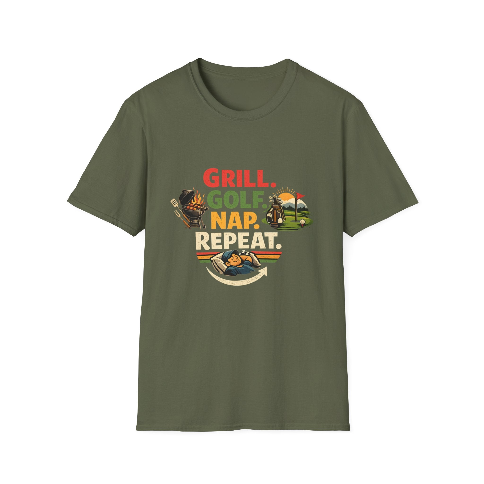 Grill Golf Nap Repeat T-Shirt — Funny Golfer BBQ Tee