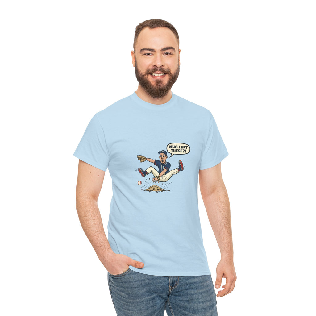 T-Shirt — Funny 'Who Left These?!' Mound of Seeds Cartoon Tee