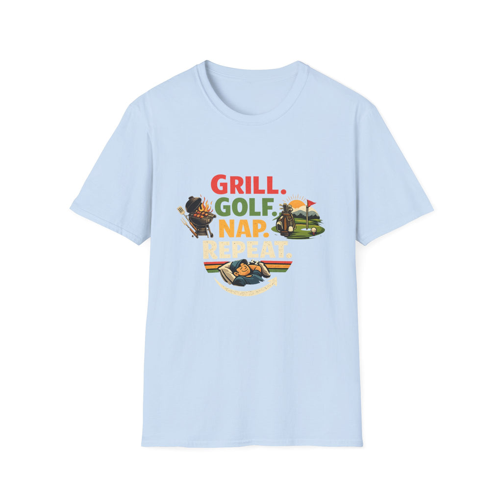 Grill Golf Nap Repeat T-Shirt — Funny Golfer BBQ Tee