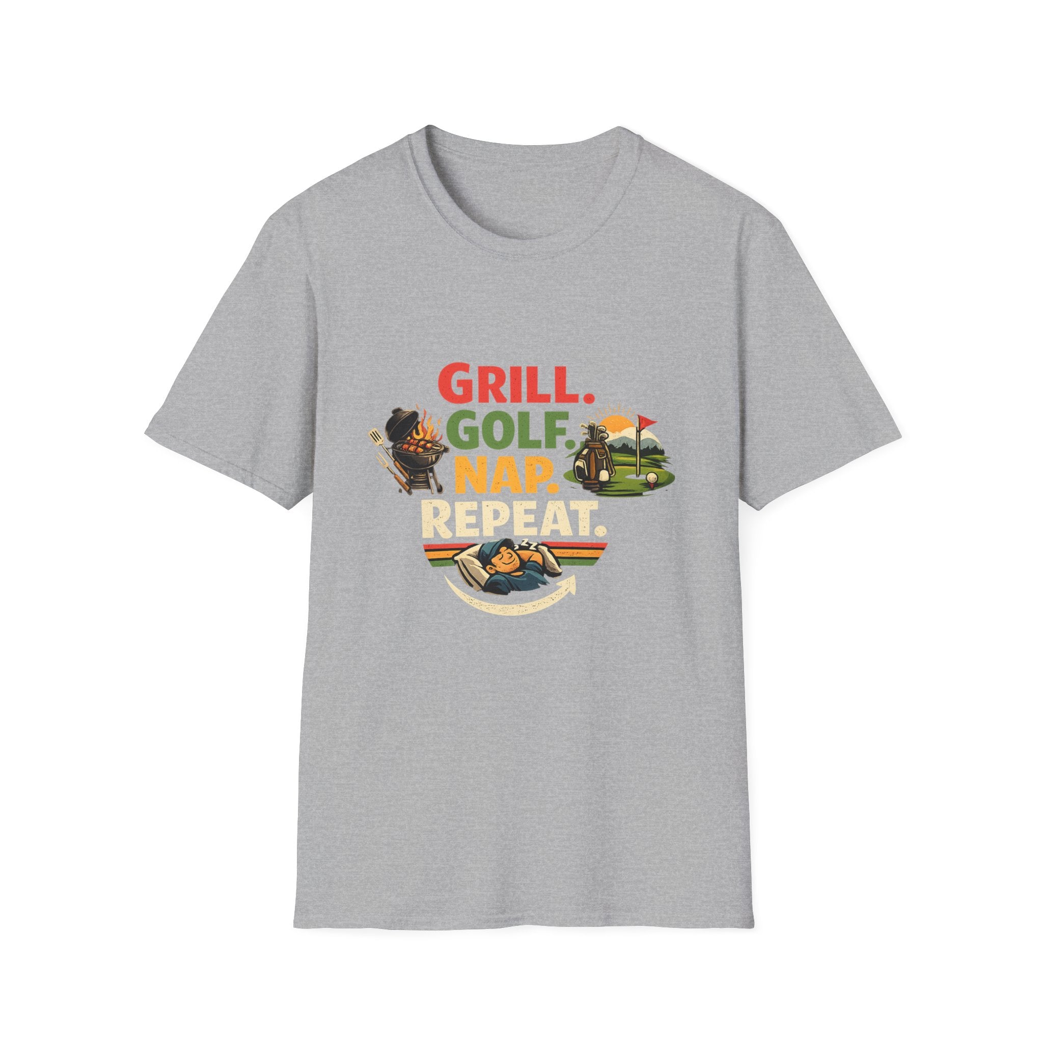 Grill Golf Nap Repeat T-Shirt — Funny Golfer BBQ Tee